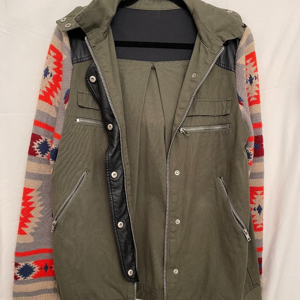 NastyGal anorak hooded jacket with print knitted sleeves